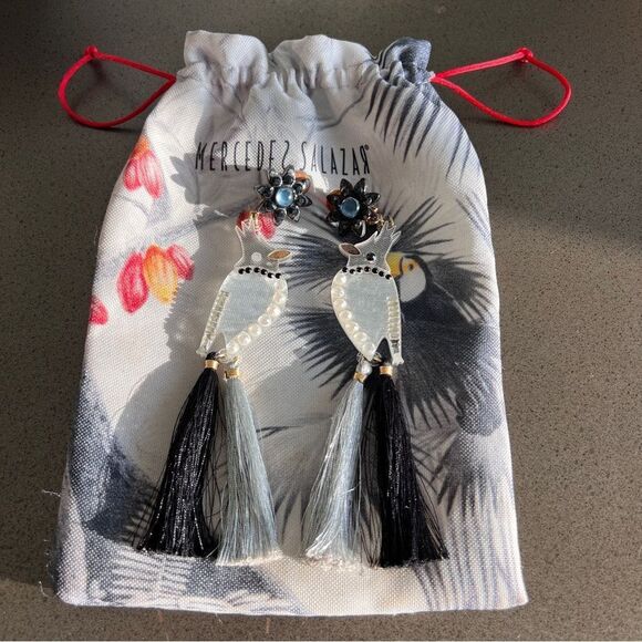 Mercedes Salazar Designer Handcrafted Bird Tassel Earrings - Picture 1 of 6